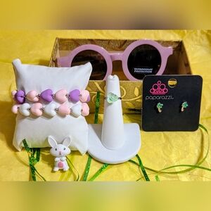 Little Diva Paparazzi Pink & Lavender Heart Bracelet Set with Floral Ring